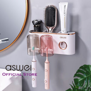 ASWEI A89YSJ Rak Dispenser Odol dan Tempat Sikat Gigi Dengan 2 Gelas Transparan Tempel Dinding