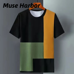 Muse Harbor เสื้อยืดแขนสั้นแบบใหม่จับคู่สีเสื้อยืดคอกลมสำหรับผู้ชาย