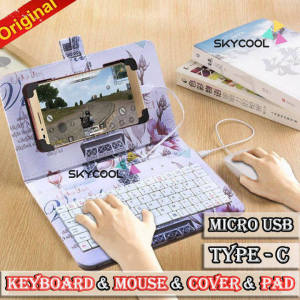 🔥HOT🔥【Malaysia Ready Stock】Mobile Phone Keyboard And Mouse Portable Type-C/Micro-Usb Wired Keyboard and Mouse set with Bracket Protective Cover Cute Online Classroom Learning Home Office Universal OTG Leather Flip Protective Cover for Android Phone