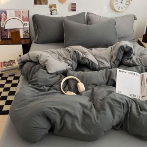 A Solid Color Washed Cotton Bedding Set Four-Piece Ultra Soft Skin-Friendly Bed Sheet Duvet Cover Student Dormitory Three-Piece Set Bed Skirt Style LZD