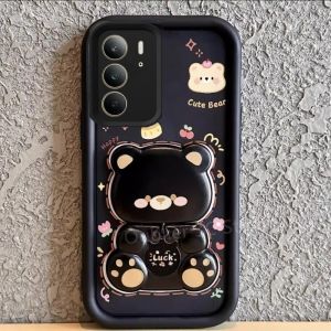 เคสโทรศัพท์ Realme 14X Realme C75x C75 C71 NFC 5G 4G เคสใหม่ลายหมีการ์ตูนน่ารักพร้อมขาตั้งกระจกแบบหมุนที่สร้างสรรค์ป้องกันการตกหล่นเคสนิ่มซิลิโคนด้านหลัง2025