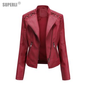 SUPERLI 2024 Womens Leather Jacket PU Female Autumn Coats Fashion Oversize Punk Jackets Slim Streetwear Moto Biker Outerwear EU Size