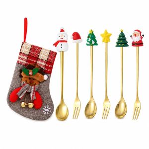 CHUAN Hình ảnh cây thông/ngôi sao/ông già Noel Muỗng cà phê Giáng sinh Đánh bóng gương Thiết kế búp bê Bộ Dụng Cụ Ăn Giáng Sinh (Nĩa Thìa) Đồ trang trí ngày lễ Thép không gỉ Muỗng tráng miệng nhỏ Quà Giáng Sinh