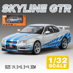 LEO 1:32 NISSAN GTR R34 Livery Metal Alloy Toys Car Model Diecast Vehicle For Boys Kids Simulation Sound Light Effect Gift Hobbies Collection