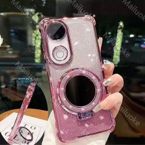 Vivo V50 Case Clear Jelly Shockproof Case with Camera Lens Protector Elegant Bling Mirror Stand Holder Back Cover Case
