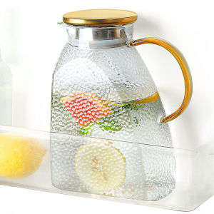 Water Pitcher High Borosilicate Glass Jug With Stainless Steel Lid Leakproof Fridge Door Carafe For Hot Or Cold Beverage (1.8 L/63 Oz.) Transparent