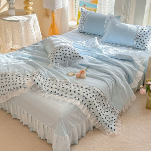 Bedding four-piece set small fresh pure cotton summer cool quilt bed skirt four-piece set lace edge summer quilt air conditioner quilt four-piece set of bedding (bed sheet * 1 thin quilt * 1 pillowcase * 2)