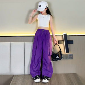 Kids Sville กางเกงคาร์โก้เด็ก กางเกงเด็กหญิง ชุด เด็ก เวอร์ชั่น เกาหลี ทรงหลวม ใส่สบาย เอวยางยืด กางเกงทำงาน กางเกงขากว้าง กางเกงลำลอง กางเกงขายาวเด็กโต เหมาะสำหรับสาวที่มีความสูง 100-160ซม.