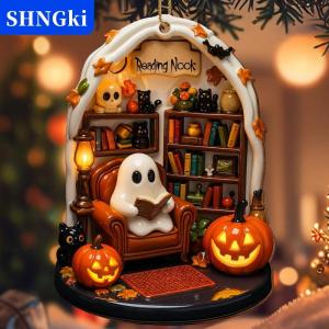 SHNGki Dễ Thương Đọc Ma Halloween Ma Đồ Trang Trí 2D Phẳng Acrylic Mặt Dây Chuyền Halloween Treo Trang Trí Nội Thất