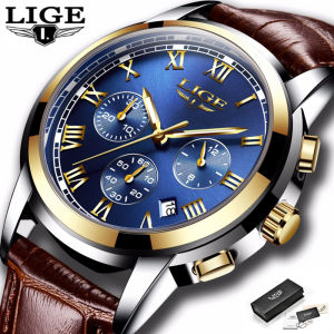 LIGE Fashion Sports Watch for Men Leather Waterproof Chronograph Luminous Pointer Jam Tangan Lelaki