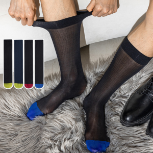 REEBO Sheer Men Thin Dress Tube Socks Stripe Translucent Patchwork Business Stockings Formal Thin Business