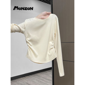 Round Neck Side Ruched Slimming Long Sleeve T Womens Early Autumn Shirt with Curved Hem Slim Fit Waist-Cinching Unique Sweet and Spicy Top