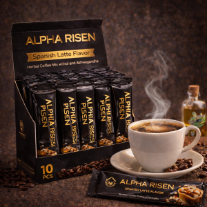 Alpha Risen Spanish Latte Herbal Coffee Mix with Ashwagandha - 10 Sachets - Herbal Coffee with Nutty Flavor - Warm Beverage Served in White Cup with Steam Rising
