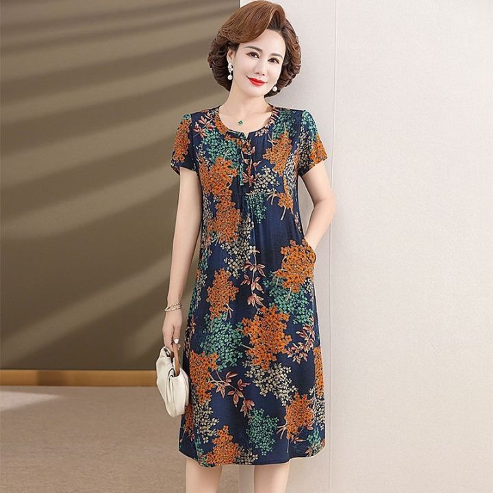 pdd8.5 Mother's summer cotton silk dress foreign style middle-aged and ...