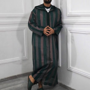 Mens Muslim Jubba Saudi Arabia Long Sleeve Thobe Islamic Kaftan Tunic Red Stripe Shirt Robe
