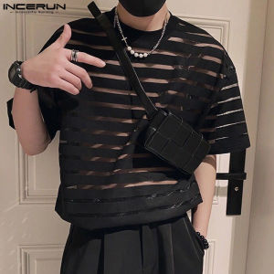 [Perfectly] INCERUN Mens Crew Neck Mesh Airy Horizontal Stripes Short Sleeved T-Shirts Casual See Through Tops (Korean Style) #16