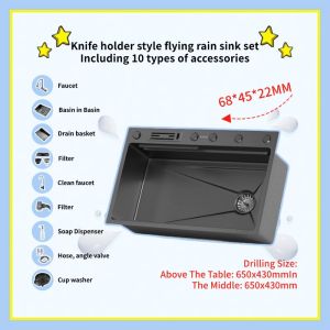 Knife Holder Style Black 304 Stainless Steel Waterfall Kitchen Sink 3mm Thick Large Single Tank Waterfall Faucet