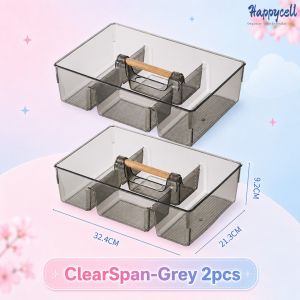 HappyCell ClearSpan Handle Organizer Transparent Cosmetic Skincare Storage Box With Wood Handle