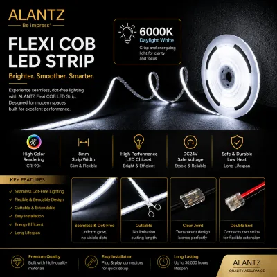 ALANTZ Flexi COB LED Strip Cut into precise length without any limitation 24v High lumen output COB Available in 10 METER Per Reel 3000K/4000K/6000K Singapore Brand Local Warranty 1 YEAR