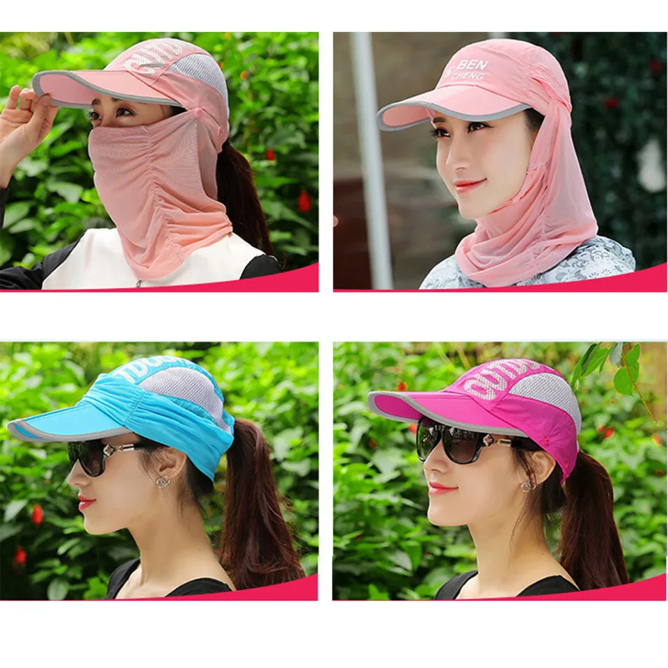 Anti-uv summer sun hat with full face cover mask with face shield neck  guard sun protection riding cycling outdoor sports beach protective visor  cap