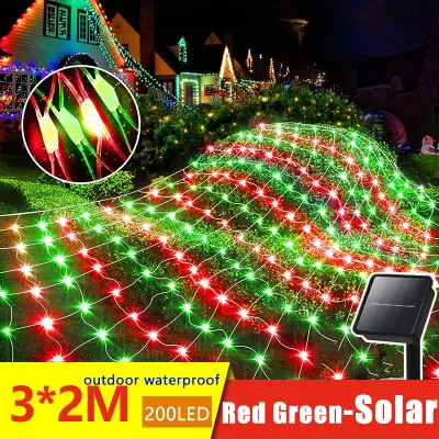 Solar Christmas Net Lights String Light 200 LED 3Meter x 2Meter Bush Net Lights Outdoor Mesh Lights Dark Green Wire Waterproof 8 Modes Auto On/Off Outside Garden Twinkle Lights for Patio Wall Roof Balcony Decor (Red Green)