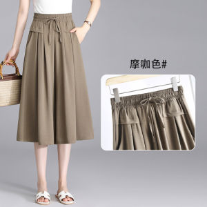 Zebina Hengshanyuan กางเกงผู้หญิงกางเกงเอวสูงขากว้างและกระโปรงที่มีเอวยางยืดและลูกไม้ขึ้นขนาดใหญ่หลวมและบางสไตล์เกาหลีสามกางเกงขาสามส่วนลำลองและอเนกประสงค์สำหรับฤดูร้อน