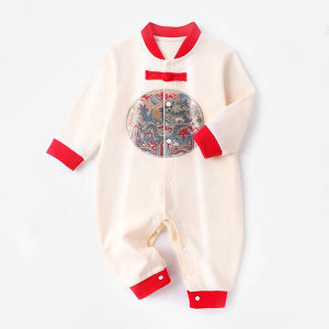 ชุดเด็กอ่อนเนื้อผ้าฝ้าย 100% แขนยาวสไตล์จีนแดง ใส่ในช่วงตรุษจีน ชุดคลานสำหรับฤดูใบไม้ผลิและใบไม้ร่วง ระบายอากาศดี ปลอดภัยต่อสุขภาพ