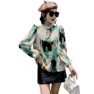 REHIN Womens top Autumn and winter new fashion printing hollow collar long-sleeved shirt unique print niche loose elegant blouse