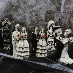 WBOTPH ไม่ซ้ำใคร ประติมากรรมคู่รักโครงกระดูก ตลก ประติมากรรม ของตกแต่งบ้านรูปหัวกะโหลก น่ากลัว รูปปั้นเรซิน ของตกแต่งฟิกเกอร์ฮาโลวีน ปาร์ตี้