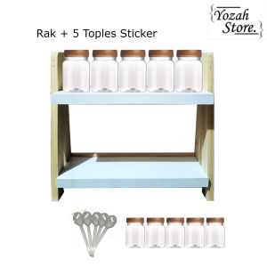 RAK BUMBU KAYU 2 SUSUN 10 TOPLES STICKER DAN SENDOK / RAK KAYU 2 TINGKAT / RAK SERBAGUNA / TEMPAT BUMBU DAPUR KAYU 2 SUSUN