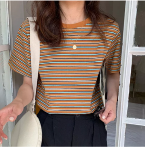 Korean Style Fashion Contrast Stripe Versatile T-Shirt Top for Girls