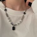 huiheyu necklace for men aesthetic stainless steel necklace kwintas pang lalaki Geometric Hip Hop Cold Wind Style Party Black Gem Pendant Gift Female Choker Korean Style Necklace Pearl Necklace Clavicle Chain. 