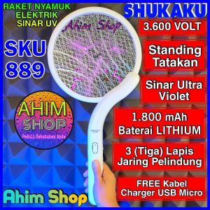 Shukaku SKU 889 New Model Raket Listrik Pembasmi Perangkap Nyamuk Sinar UV 3600V 1800 mAh Tiga Lapis Jaring Pelindung Elektrik GRATIS Kabel Charger USB Micro MULTIFUNGSI Desain Elegan Ahim Shop