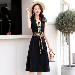 CORE🌟 Summer V-neck Printed A-line Dress for Women Short Sleeved Medium Length Dress