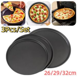 HJKL 3Pcs/Set Carbon Steel Pizza Pan Non-Stick Easy Demoulding Pizza Mould Cake Pan Black Shallow Round Pizza Plate Home Use