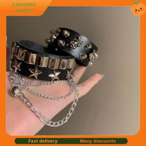 ❣️❣️❣️ Punk Gothic Skull Bracelet Chains Metal Spikes Rivet PU Leather Wristband Cuff Bangle Wide Cuff Bracelet Women Men Jewelry