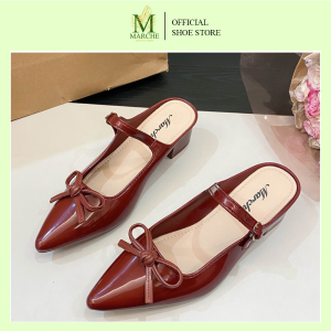 Marche Womens Shoes Pointed Mules Gloss Rubber With Bow Design 2-inch Heels Adjustable Strap Half Shoes Modern Comfortable