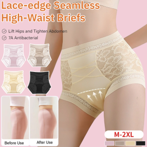 Streamer Satin Lace Panties For Women Hip Satin Light Shape Panties Lace-edge Seamless High-Waist Briefs