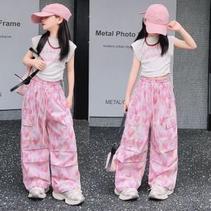 Cargo Pants for Kids Girls 5-16Yrs 4 Pocket Wide Leg Trousers Ice Silk Fashion Casual Pink Pants Comfortable and Breathable trouser teens
