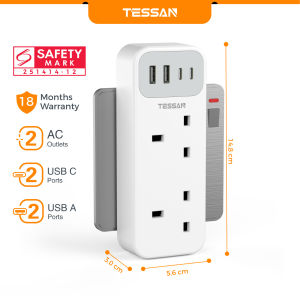 TESSAN Double Outlets Multi Plug Extension Plug Adapter with USB + Type C Wall Charger Extension Adaptor Safety Mark