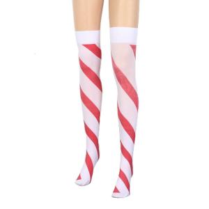 Red White Wide Striped Over Knee Long Socks Christmas Holiday Cute Bowknot Thigh High Stockings for Women and Girls