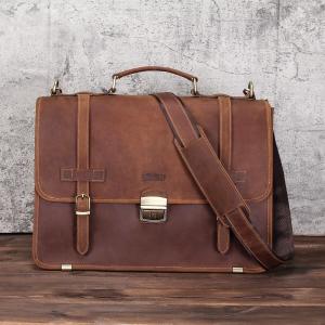 CONTACTS Genuine Leather Mens Crazy Horse Leather Men Briefcase Male Shoulder Messenger Bags Business Bag For 14 Inch Laptop