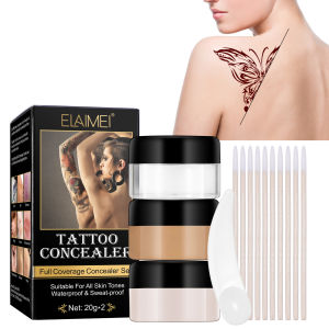 ELAIMEI Professional Tattoo Concealer - 20g 2-Color Mixing for All Skin Tones Waterproof & Smudge-Proof Covers Tattoos/Scars/Birthmarks & 9 Skin Flaws（With 10 Mixing Tools）