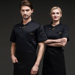 Short Sleeved Chef Uniform With French Collar Multiple Pockets Hidden Buttons Breathable Durable Black/White Chef Jacket