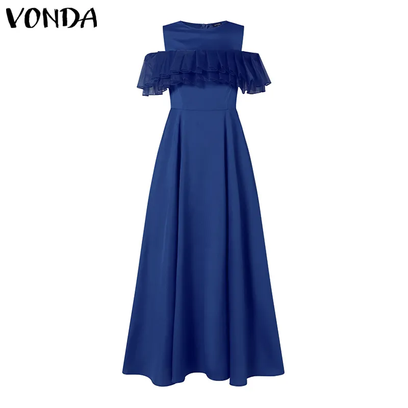 VONDA Women Elegant Crew Neck Ruffle Long Dress Fashion Pocket X