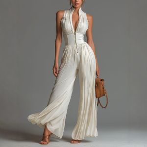 Elegant Stand Collar Zipper Pleated Jumpsuit Womens Solid High Waist Wide Leg Romper Summer Sleeveless Vacation Overalls2026