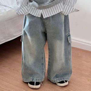 Korean Childrens Jeans Loose Straight Pants Wide Leg Cargo Pants for Boys Girls New Spring Autumn Kids Denim Pocket Trousers2026