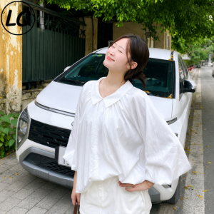 Áo sơ mi nữ tay phồng freesize <65kg Áo sơ mi dáng Babydoll bí ngô cổ bẻ Lucky Clothing 3111