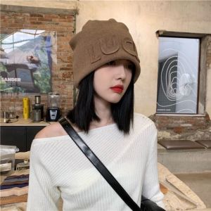 AKZDXE Polyester Fiber Women Beanie Hat Letter Embroidery Korean Japanese Style Pull On Hat Casual Soft Knit Fabric Letter Knit Beanie Women