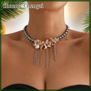 Hmeme Irregular Pearl Shell Beaded With Tassel Collarbone Chain Necklace Ins Light Luxury Texture Party Jewelry Gift